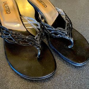 Black beaded toe sandals, kitten heels